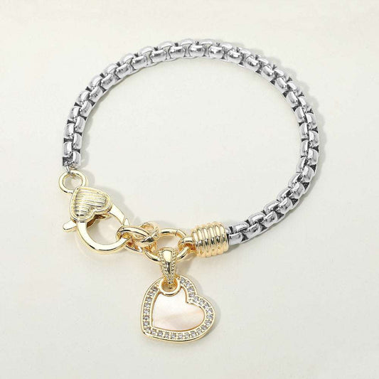 14K Gold Plated Two Tone CZ Stone Paved Mother of Pearl Heart Pendant Bracelet M H W ACCESSORIES LLC 14K Gold Plated Two Tone CZ Stone Paved Mother of Pearl Heart Pendant Bracelet