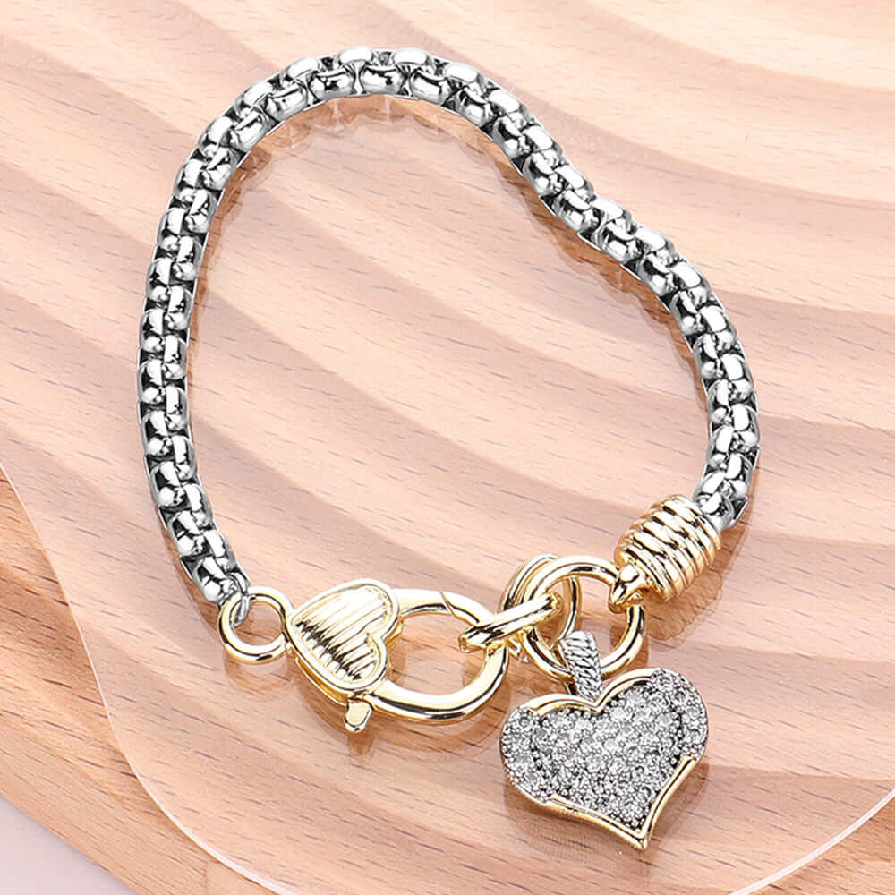 Two Tone CZ Stone Paved Heart Charm Pointed Bracelet - M H W ACCESSORIES LLC