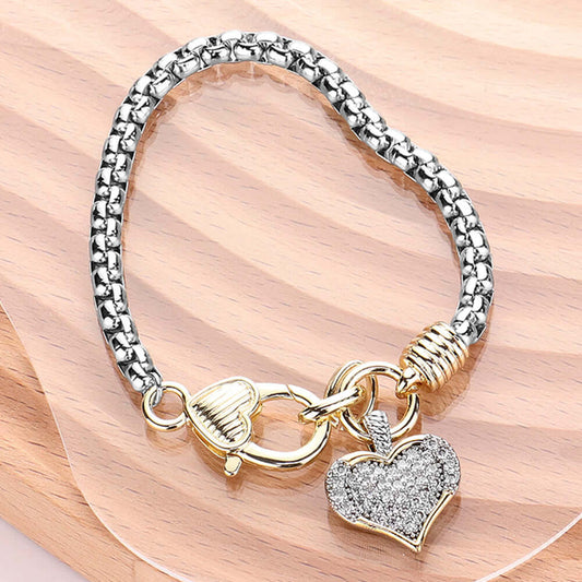 Two Tone CZ Stone Paved Heart Charm Pointed Bracelet - M H W ACCESSORIES LLC