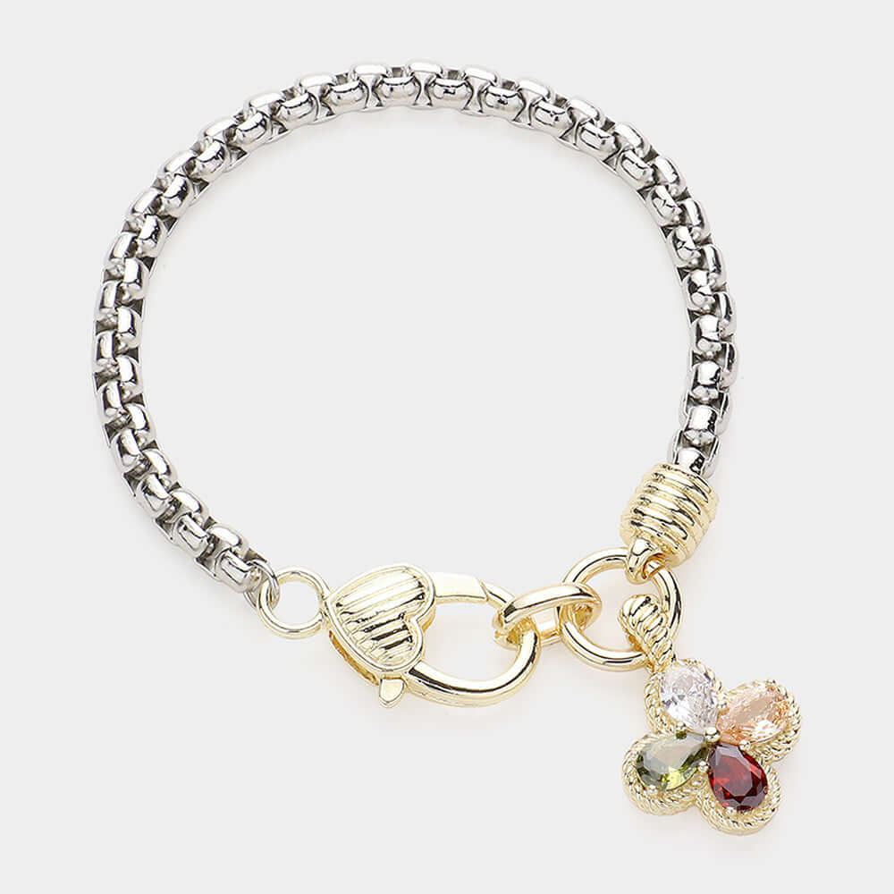 14K Gold Plated Two Tone CZ Stone Clover Charm Bracelet - M H W ACCESSORIES LLC