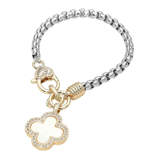 14K Gold Plated Mother Of Pearl Quatrefoil Pendant Bracelet