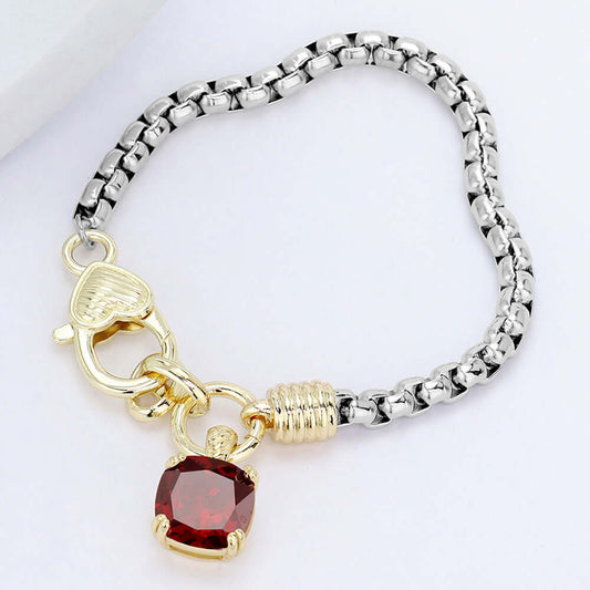 Red Cushion Cut CZ Stone Charm Pointed Two Tone Bracelet