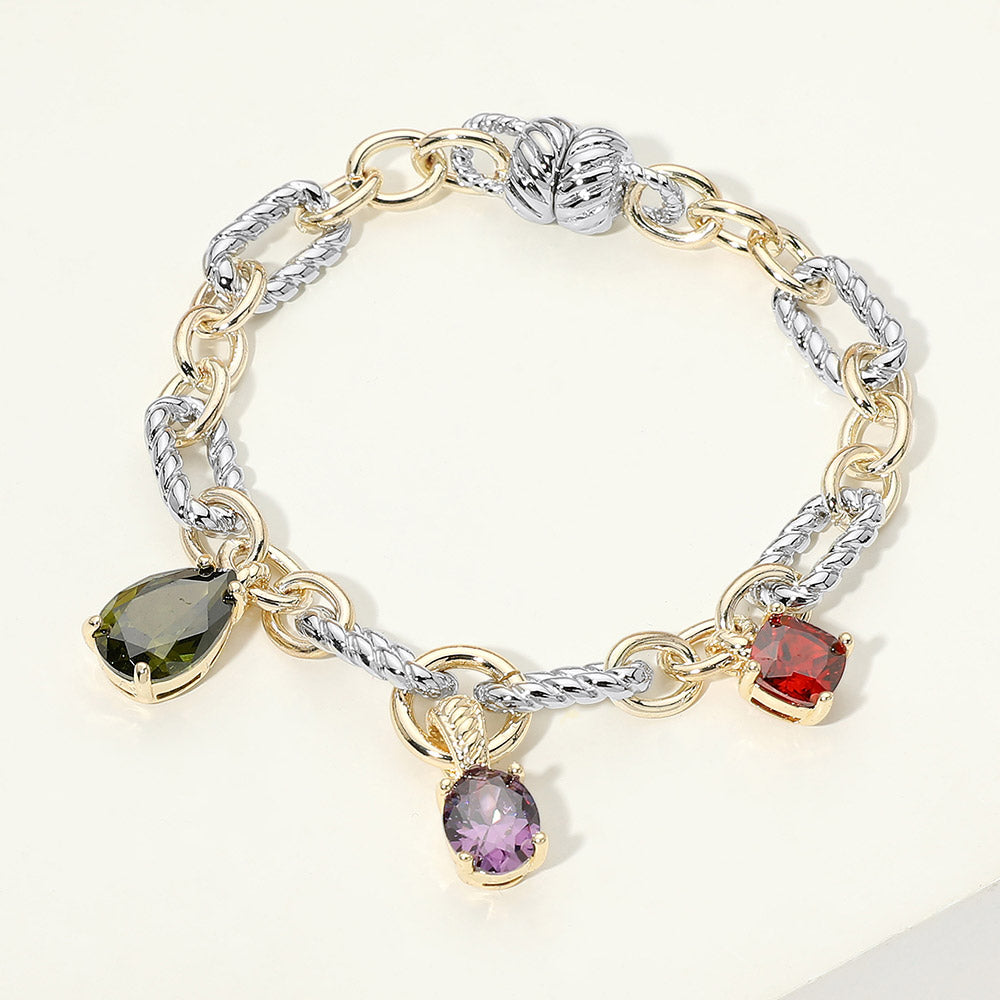 14K Gold Plated Two Tone Colorful Mixed Shape CZ Charm Station Magnetic Bracelet M H W ACCESSORIES LLC 14K Gold Plated Two Tone Colorful Mixed Shape CZ Charm Station Magnetic Bracelet