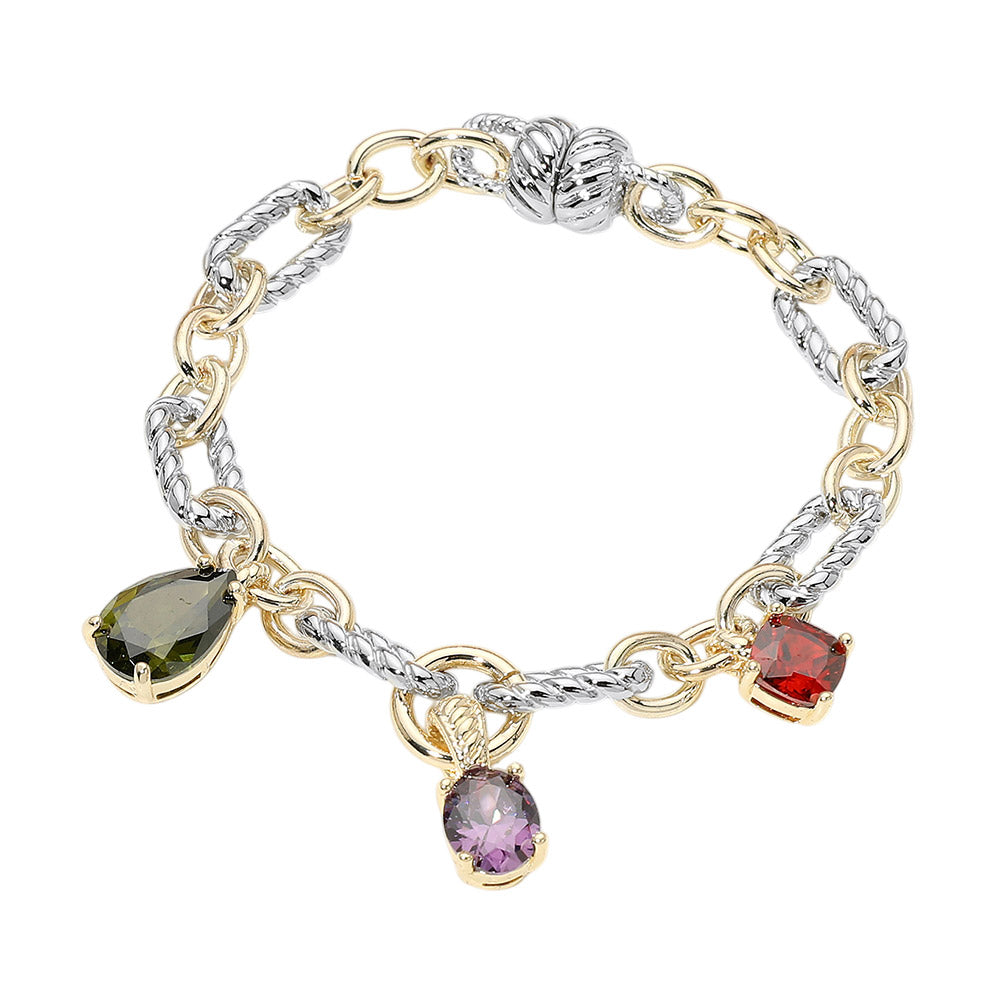 14K Gold Plated Two Tone Colorful Mixed Shape CZ Charm Station Magnetic Bracelet M H W ACCESSORIES LLC 14K Gold Plated Two Tone Colorful Mixed Shape CZ Charm Station Magnetic Bracelet