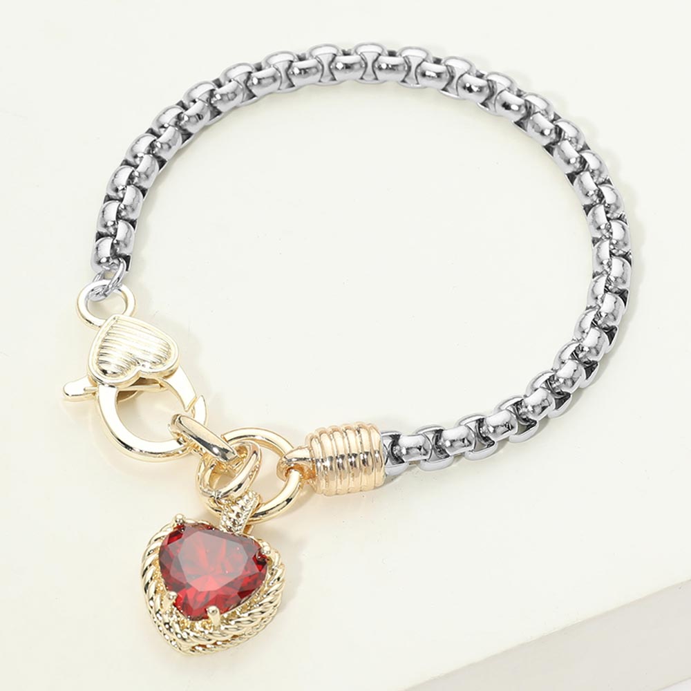 Two Tone Burgundy CZ Heart Charm Bracelet M H W ACCESSORIES LLC Two Tone Burgundy CZ Heart Charm Bracelet