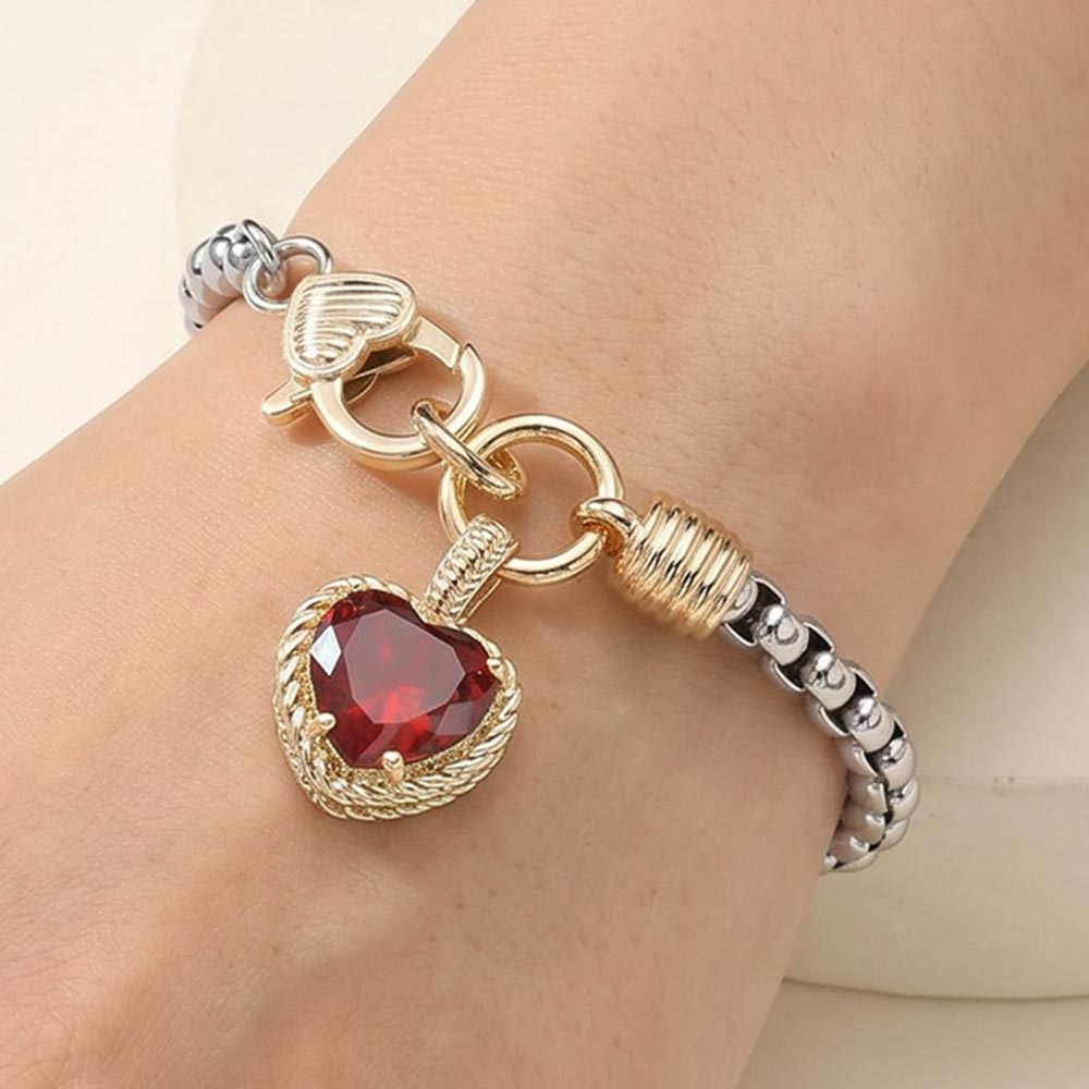 Two Tone Burgundy CZ Heart Charm Bracelet M H W ACCESSORIES LLC Two Tone Burgundy CZ Heart Charm Bracelet