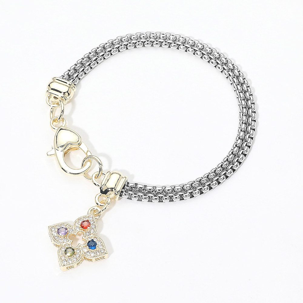 14K Gold Plated Colorful CZ Floral Pendant Double Chain Bracelet