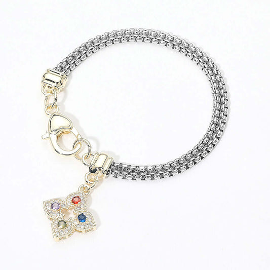14K Gold Plated Colorful CZ Floral Pendant Double Chain Bracelet