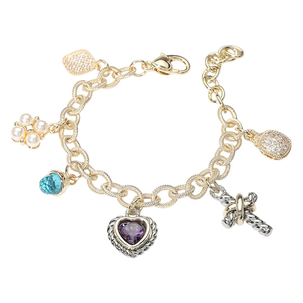 14K Gold Plated CZ Heart Stone Pearl Cluster Metal Cross Charm Station Bracelet