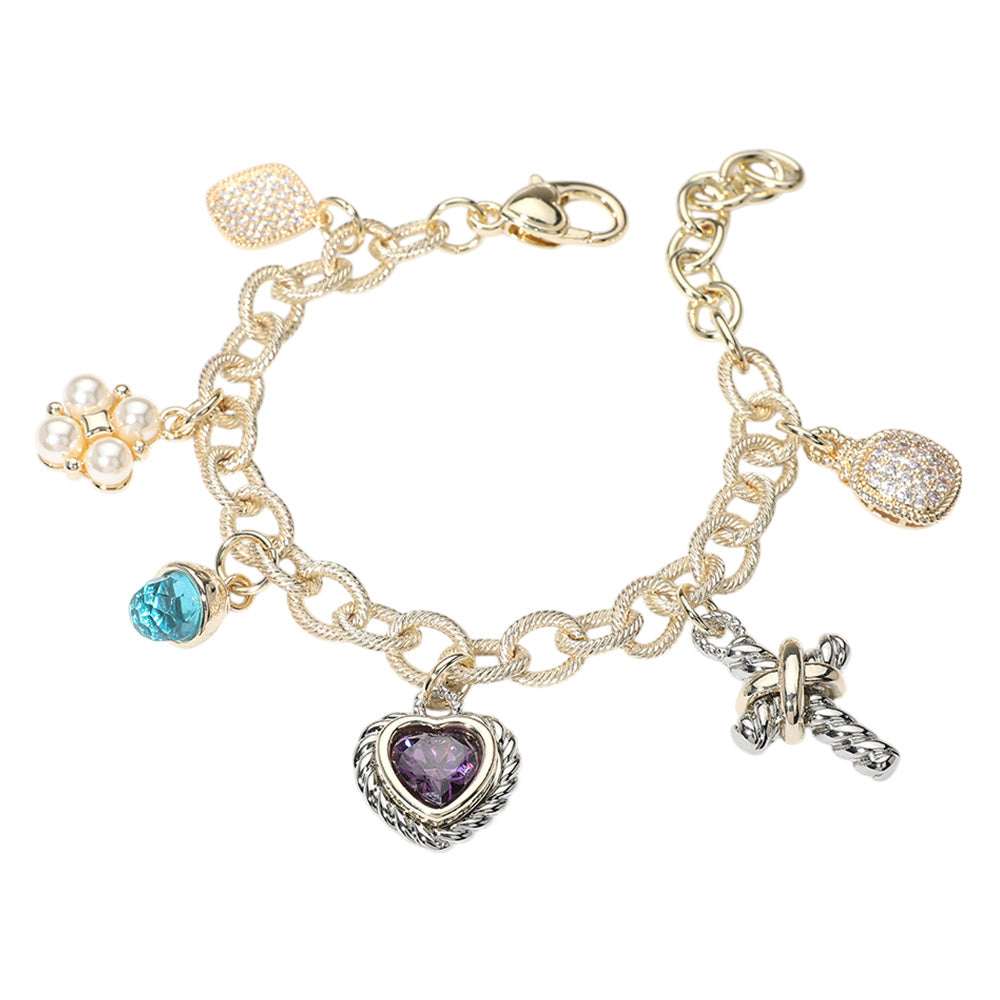 14K Gold Plated CZ Heart Stone Pearl Cluster Metal Cross Charm Station Bracelet M H W ACCESSORIES LLC 14K Gold Plated CZ Heart Stone Pearl Cluster Metal Cross Charm Station Bracelet