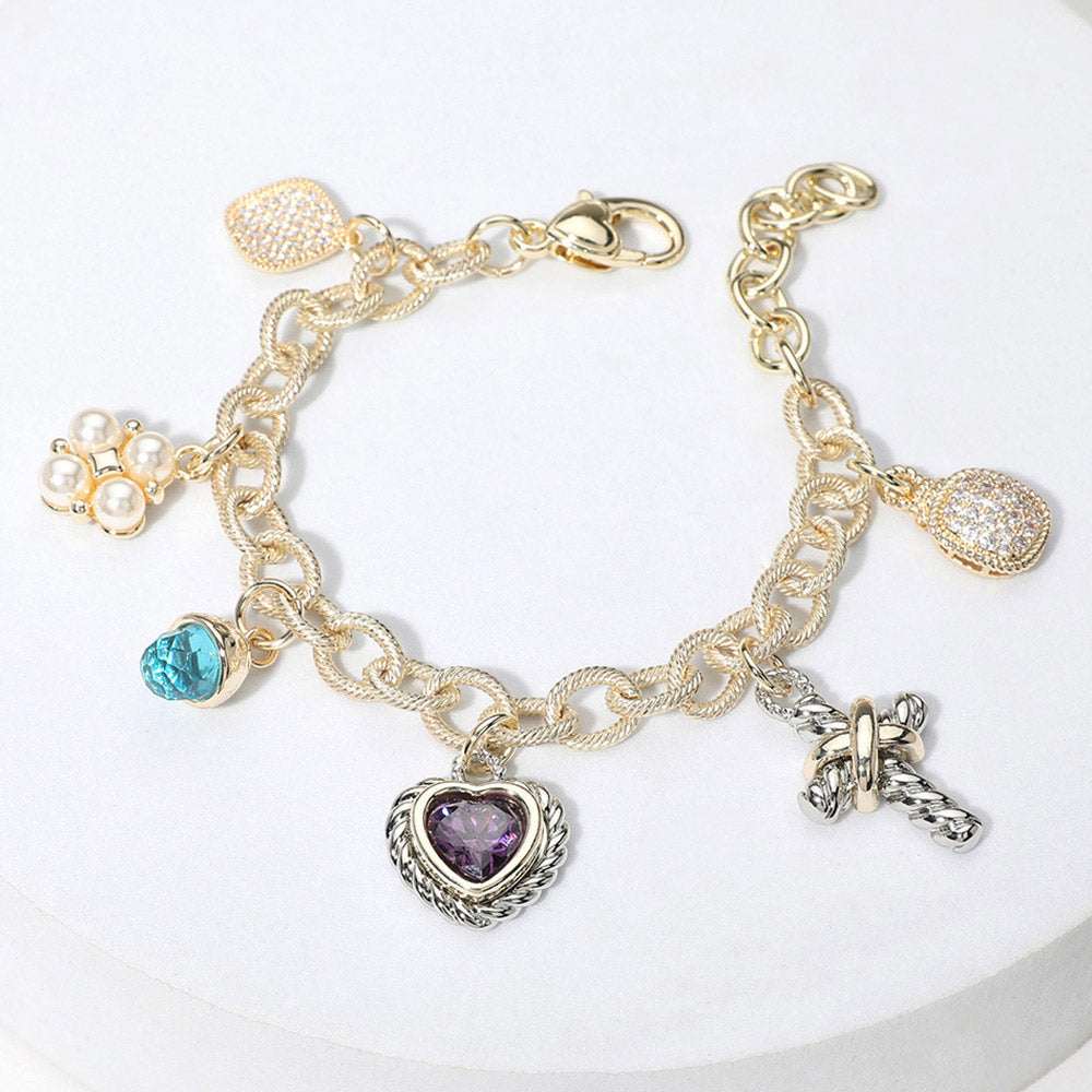 14K Gold Plated CZ Heart Stone Pearl Cluster Metal Cross Charm Station Bracelet M H W ACCESSORIES LLC 14K Gold Plated CZ Heart Stone Pearl Cluster Metal Cross Charm Station Bracelet