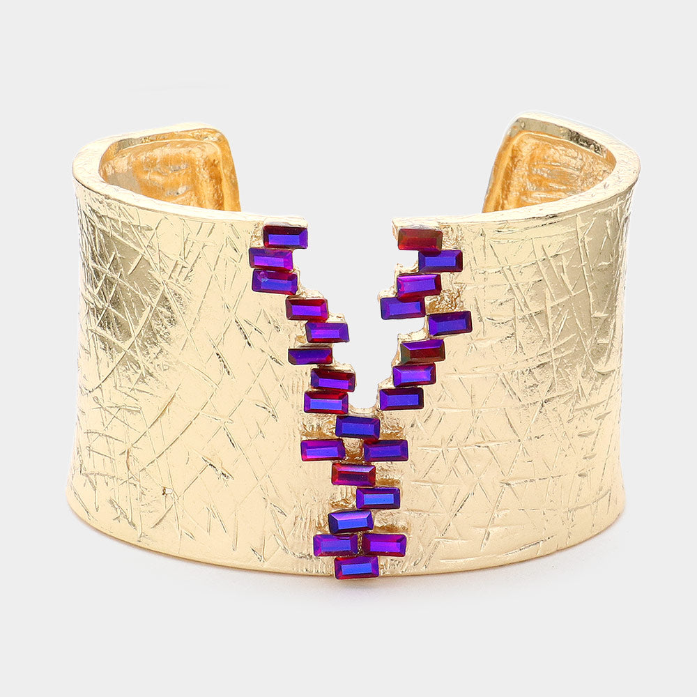 AB Purple Baguette Stone Pointed Textured Metal Cuff Bracelet - M H W ACCESSORIES LLC