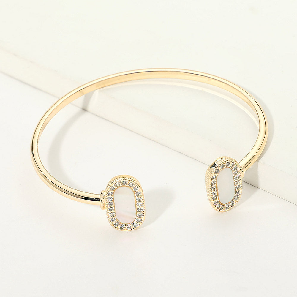 14K Gold Plated CZ Pave Rim Mother of Pearl Oval Tip Cuff Bracelet