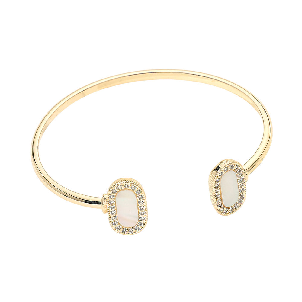 14K Gold Plated CZ Pave Rim Mother of Pearl Oval Tip Cuff Bracelet