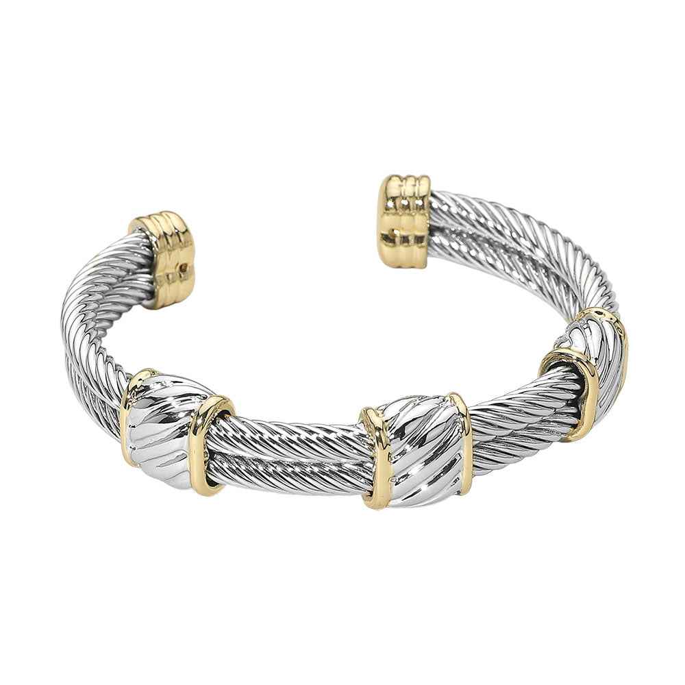 Two Tone Textured Accent Double Twisted Cable Cuff Bracelet