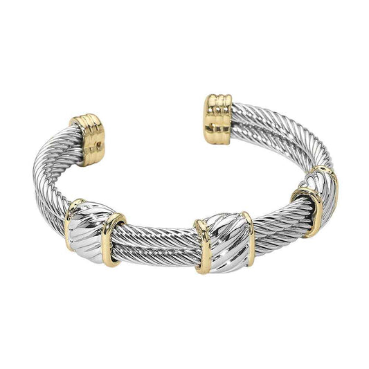 Two Tone Textured Accent Double Twisted Cable Cuff Bracelet