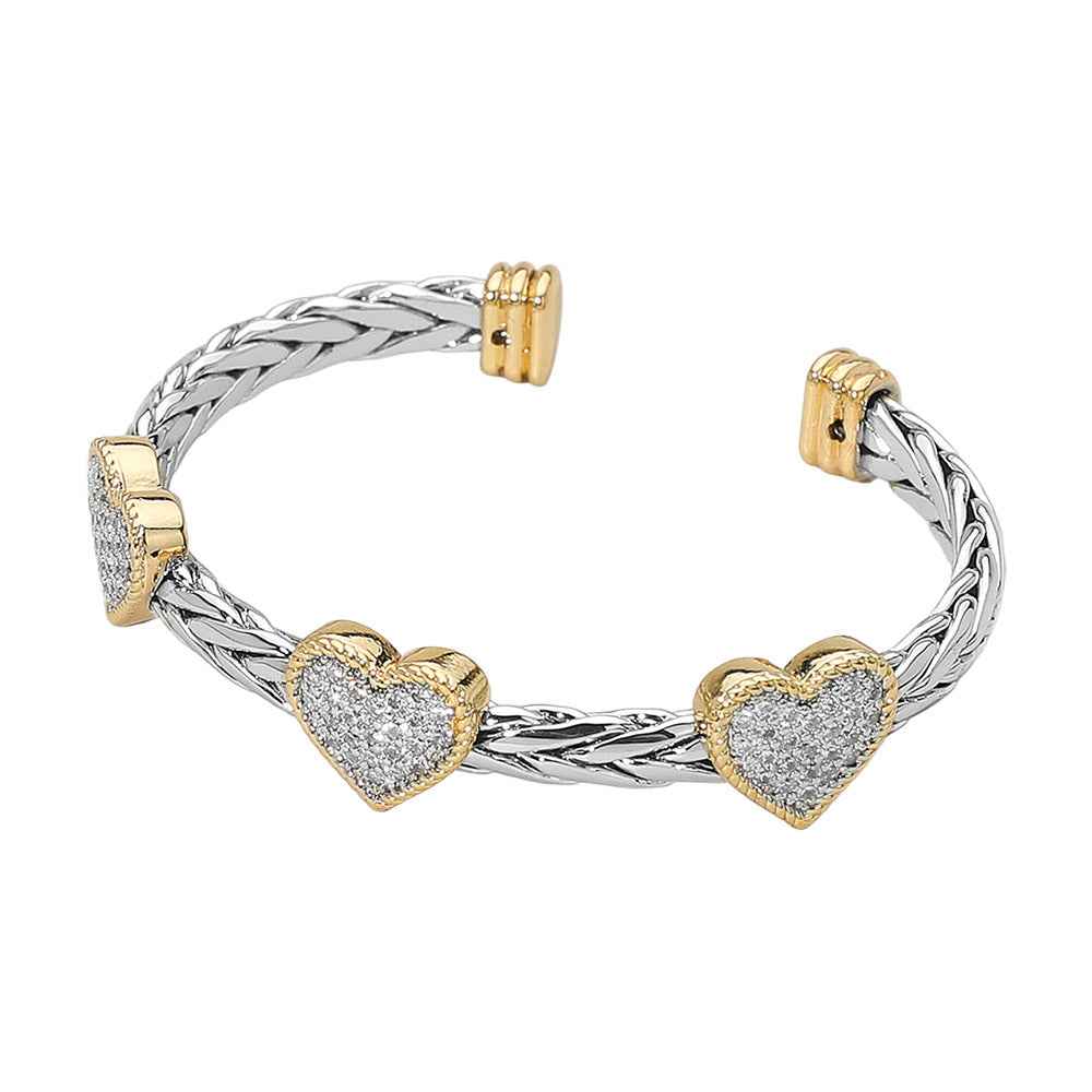 Two Tone CZ Stone Pave Triple Heart Accent Braided Cuff Bracelet