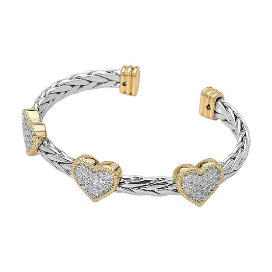 Two Tone CZ Stone Pave Triple Heart Accent Braided Cuff Bracelet