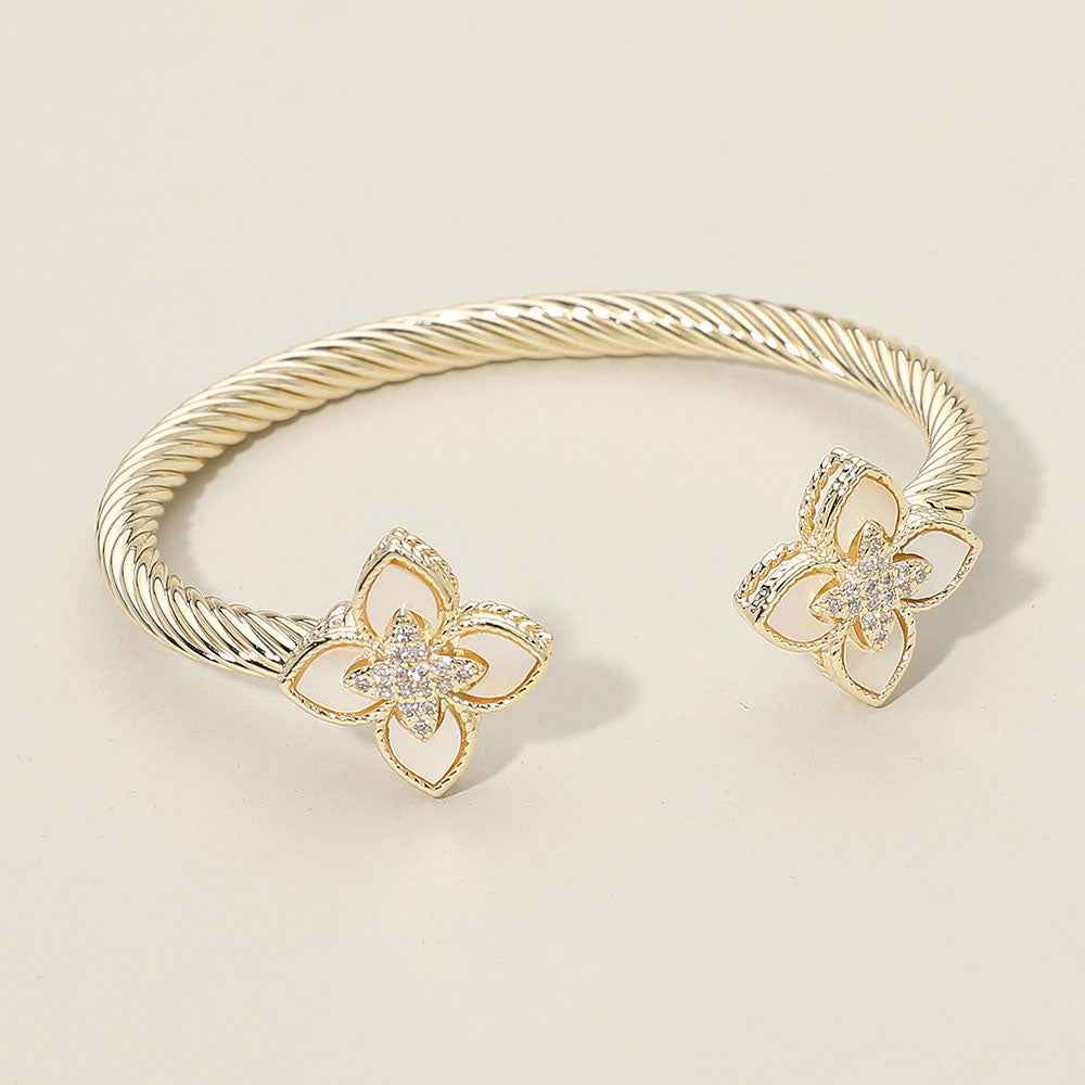 14K Gold Plated CZ Stone Paved Center Mother of Pearl Floral Clover Tip Cuff Bracelet