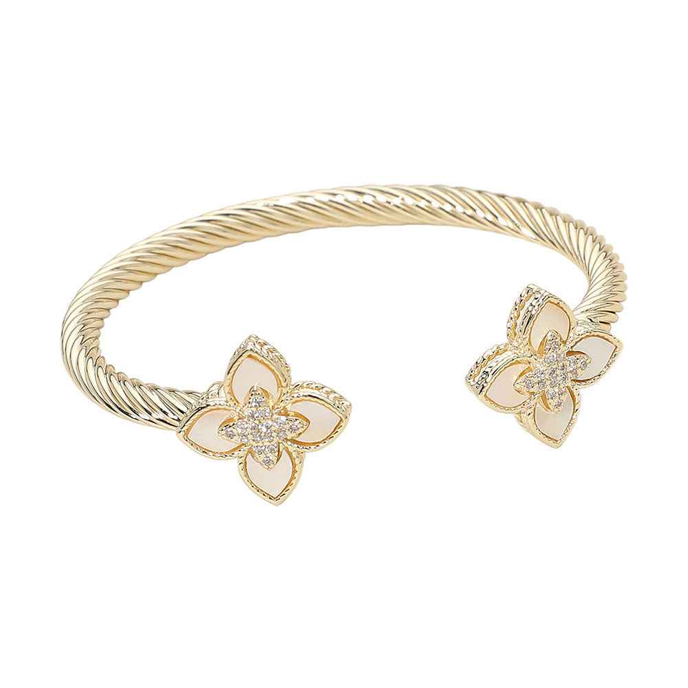 14K Gold Plated CZ Stone Paved Center Mother of Pearl Floral Clover Tip Cuff Bracelet
