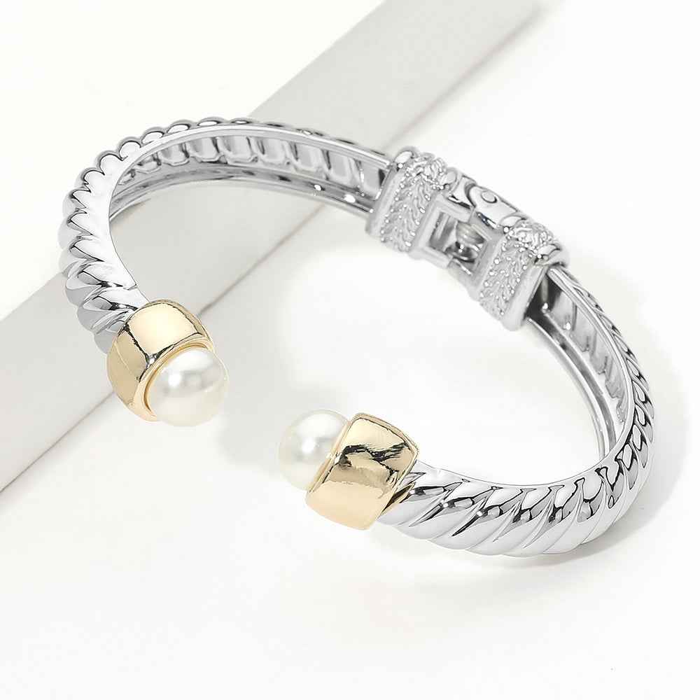Two Tone Pearl Tip Twisted Hinged Cuff Bracelet