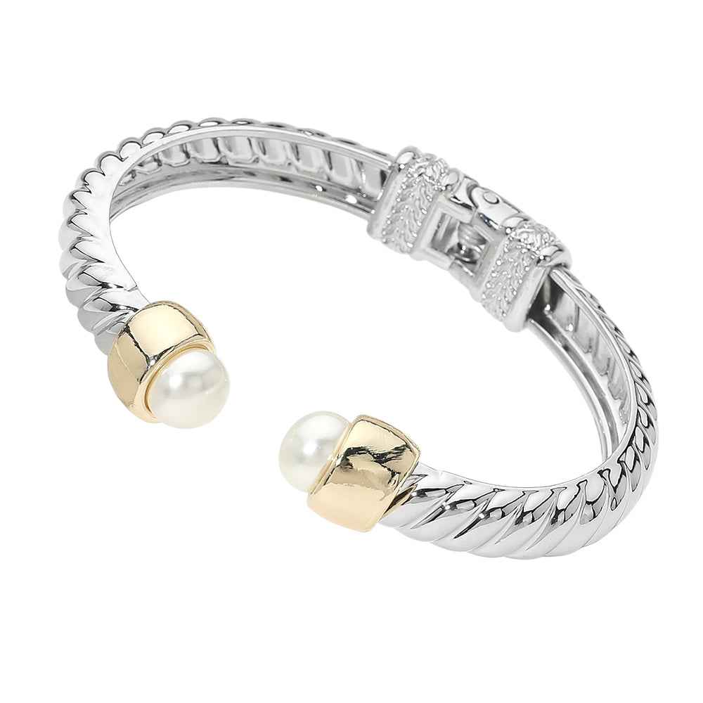 Two Tone Pearl Tip Twisted Hinged Cuff Bracelet