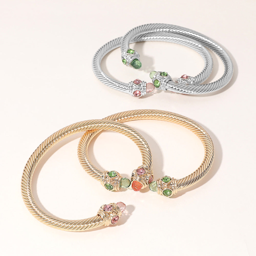 Pink & Green 2PCS - Stone Tip Twisted Cuff Bracelet