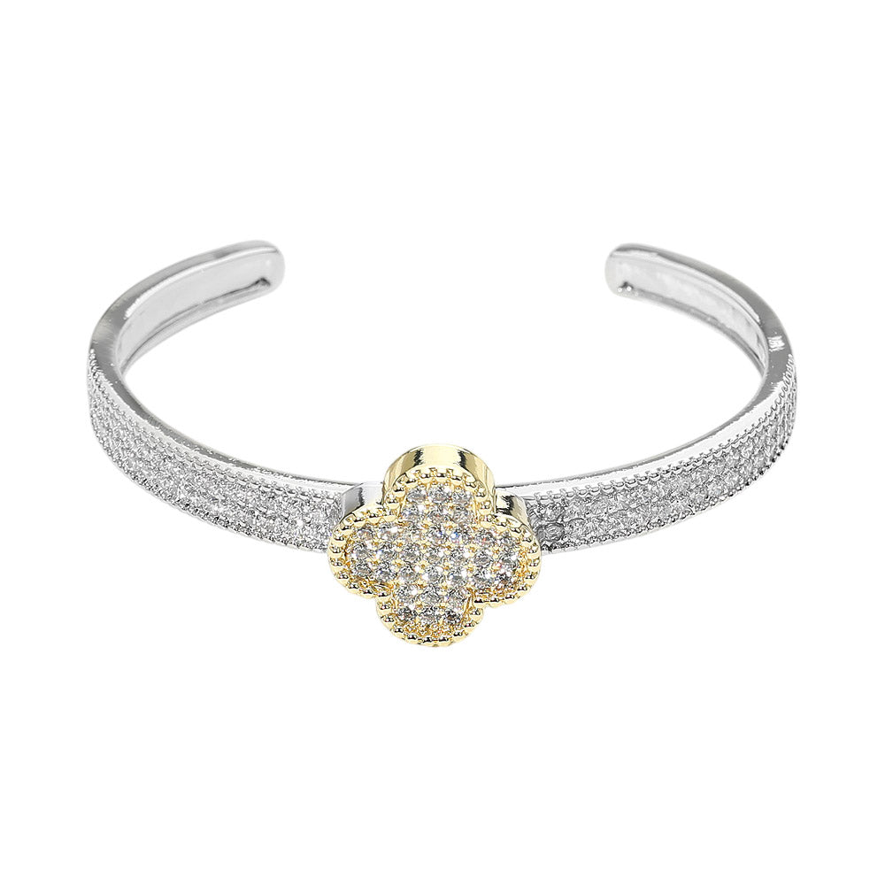 14K Gold Plated CZ Stone Pave Quatrefoil Accent Cuff Bracelet