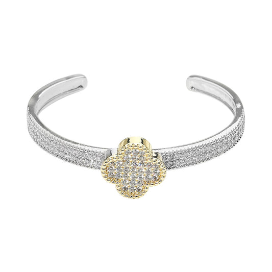14K Gold Plated CZ Stone Pave Quatrefoil Accent Cuff Bracelet