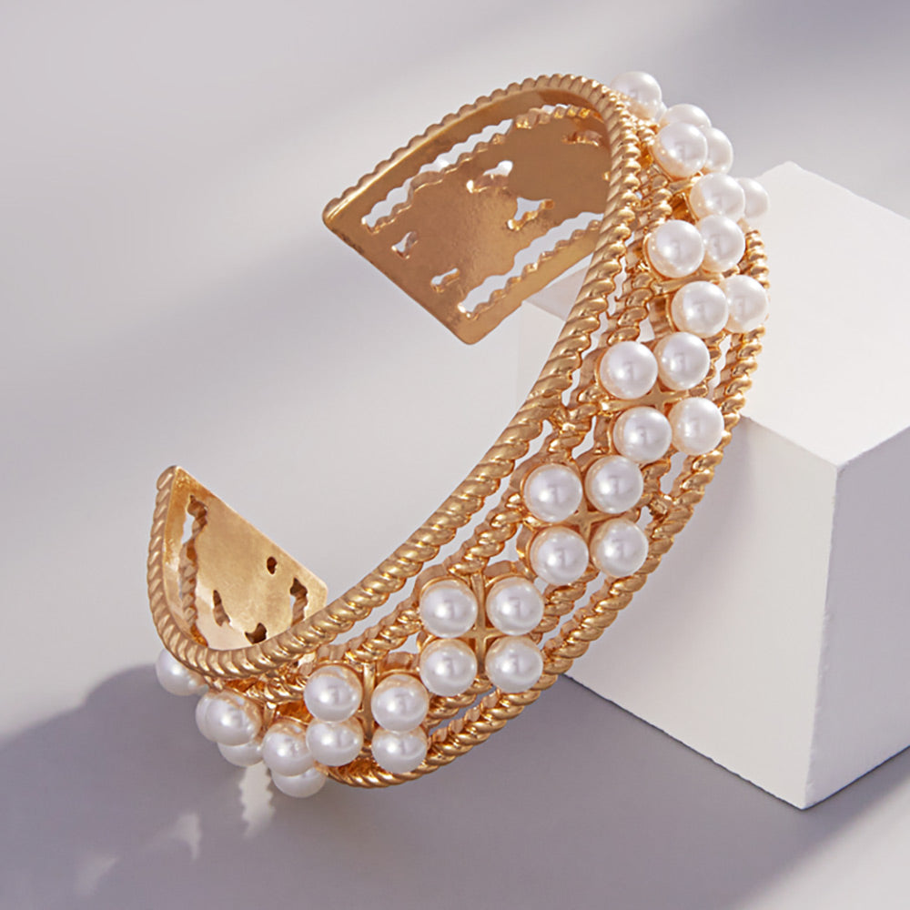 Worn Gold Cuff Pearl Pointed Brushed Metal Cuff Bracelet - M H W ACCESSORIES LLC