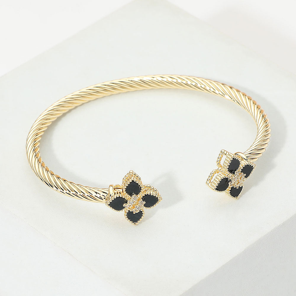 14K Gold Plated CZ Black Paved Center Mother of Pearl Floral Clover Tip Cuff Bracelet M H W ACCESSORIES LLC 14K Gold Plated CZ Black Paved Center Mother of Pearl Floral Clover Tip Cuff Bracelet