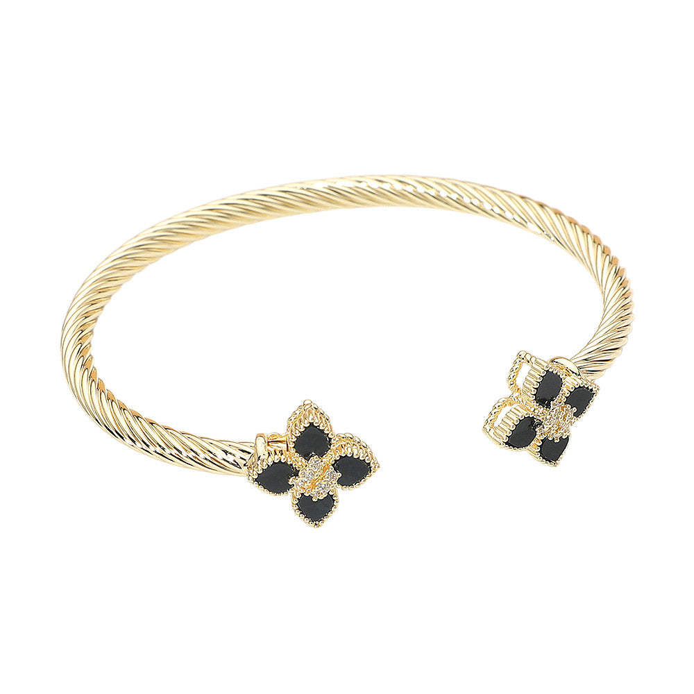 14K Gold Plated CZ Black Paved Center Mother of Pearl Floral Clover Tip Cuff Bracelet M H W ACCESSORIES LLC 14K Gold Plated CZ Black Paved Center Mother of Pearl Floral Clover Tip Cuff Bracelet