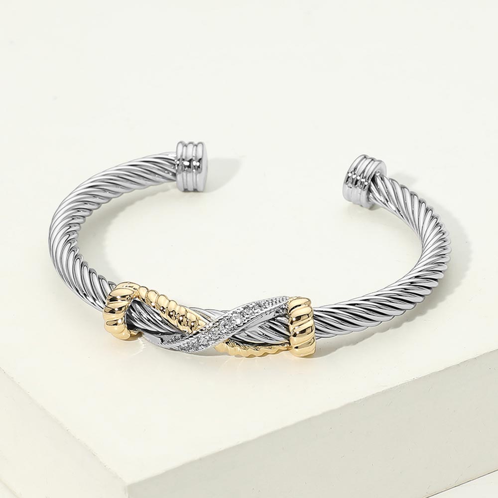 14K Gold Plated Two Tone CZ Pave Infinity Accent Twisted Cuff Bracelet M H W ACCESSORIES LLC 14K Gold Plated Two Tone CZ Pave Infinity Accent Twisted Cuff Bracelet