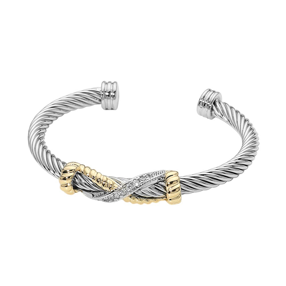 14K Gold Plated Two Tone CZ Pave Infinity Accent Twisted Cuff Bracelet M H W ACCESSORIES LLC 14K Gold Plated Two Tone CZ Pave Infinity Accent Twisted Cuff Bracelet