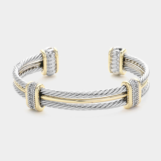 CZ Stone Paved Two Tone Metal Rope Cuff Bracelet - M H W ACCESSORIES LLC