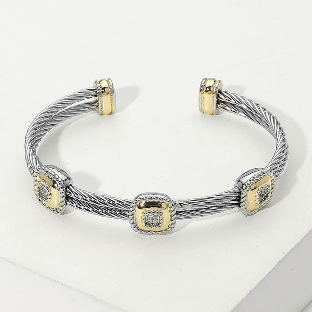 Two Tone Square Pointed Two Row Twisted Metal Cuff Bracelet
