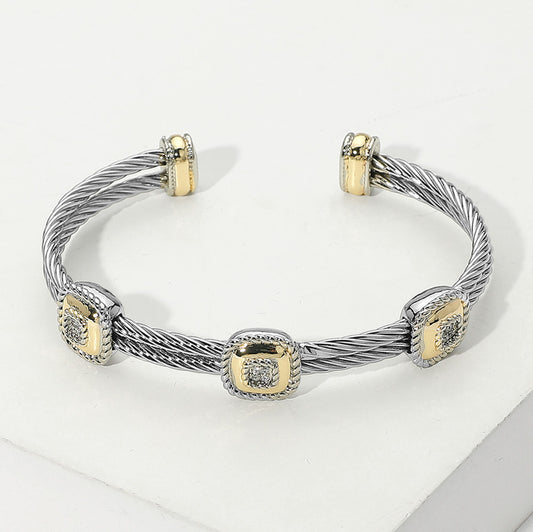 Two Tone Square Pointed Two Row Twisted Metal Cuff Bracelet