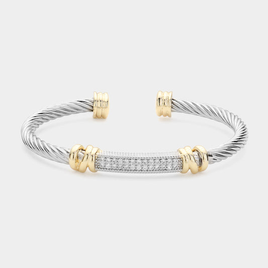 Silver CZ Two Tone Metal Cable Cuff Bracelet- M H W ACCESSORIES - M H W ACCESSORIES LLC