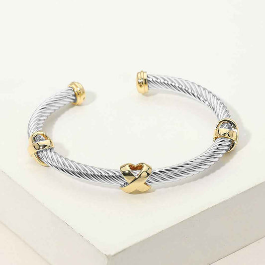 Two Tone Crisscross Accent Twisted Cable Cuff Bracelet