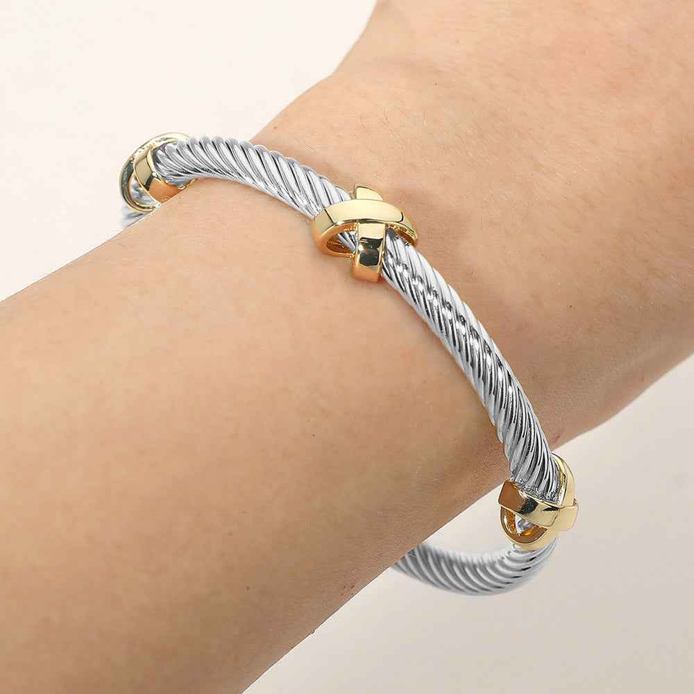 Two Tone Crisscross Accent Twisted Cable Cuff Bracelet