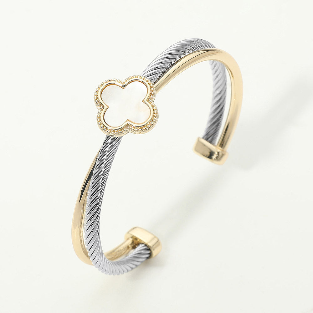 Mother of Pearl Quatrefoil Accent Twisted Cable Cuff Bracelet M H W ACCESSORIES LLC Mother of Pearl Quatrefoil Accent Twisted Cable Cuff Bracelet