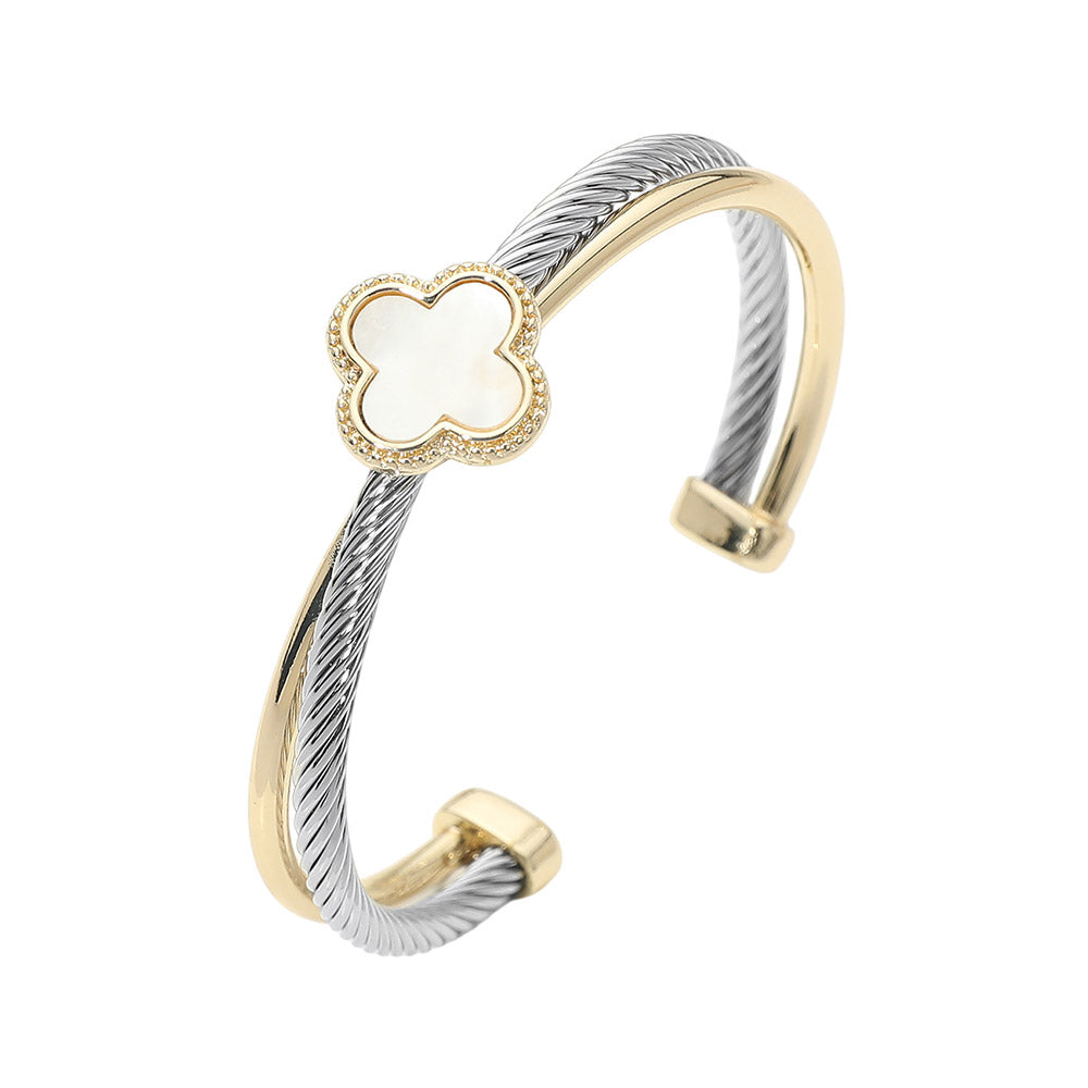 Mother of Pearl Quatrefoil Accent Twisted Cable Cuff Bracelet M H W ACCESSORIES LLC Mother of Pearl Quatrefoil Accent Twisted Cable Cuff Bracelet