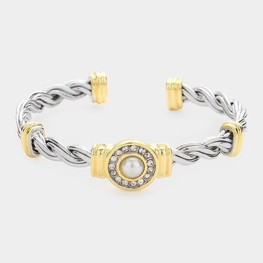 Silver and Gold Round Pearl Accented Cuff Bracelet - M H W ACCESSORIES LLC