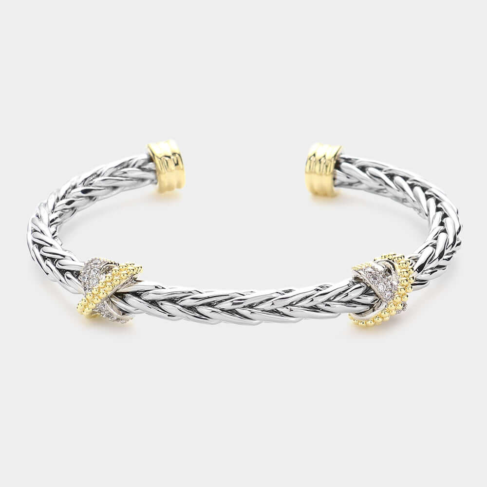 Silver Two Tone CZ Stone Paved Crisscross Braided Metal Cuff Bracelet - M H W ACCESSORIES LLC