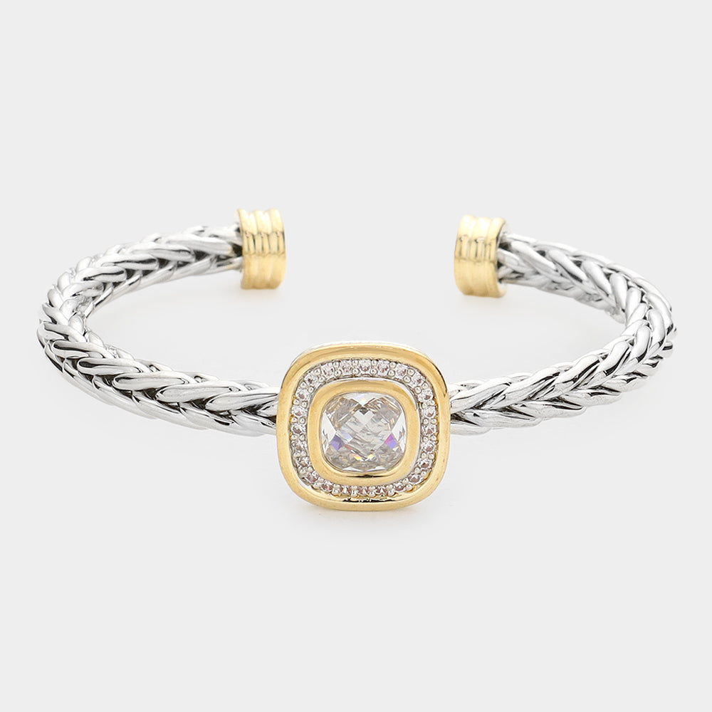 Silver CZ Cushion Square Stone Accented Cuff Bracelet-M H W ACCESSORIES - M H W ACCESSORIES LLC