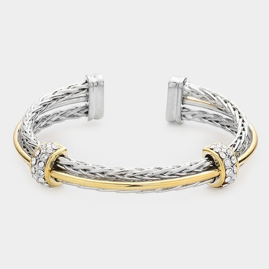 Silver Two-Tone Rhinestone Cable Cuff Bracelet- M H W ACCESSORIES - M H W ACCESSORIES LLC