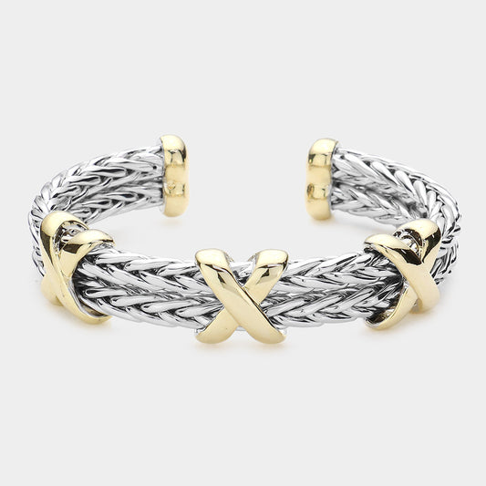 Two Tone Woven Triple Criss Cross Pointed Rope Cuff Bracelet - M H W ACCESSORIES LLC