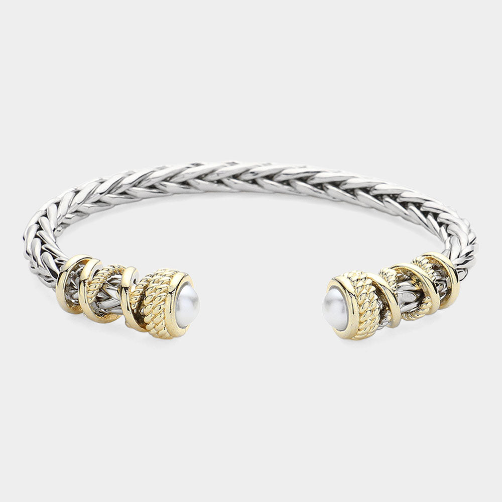 Silver Pearl Tip Two Tone Textured Metal Cuff Bracelet - M H W ACCESSORIES LLC