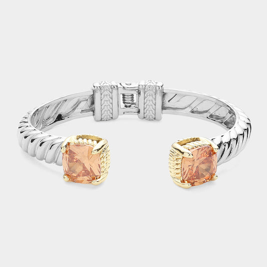Peach CZ Square Tip Two Tone Twisted Metal Hinged Cuff Bracelet