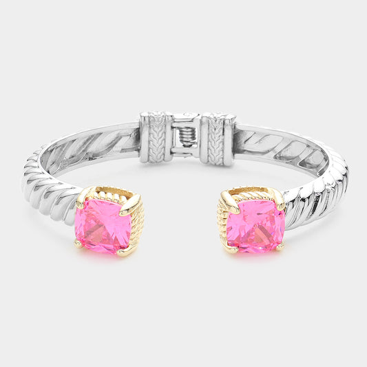 Pink Cubic Zirconia Two Tone Twisted Metal Hinged Cuff Bracelet - M H W ACCESSORIES LLC